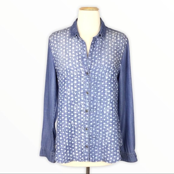 Anthropologie Tops - Cloth & Stone | Blue Chambray White Printed Long Sleeve Button Front Shirt S
